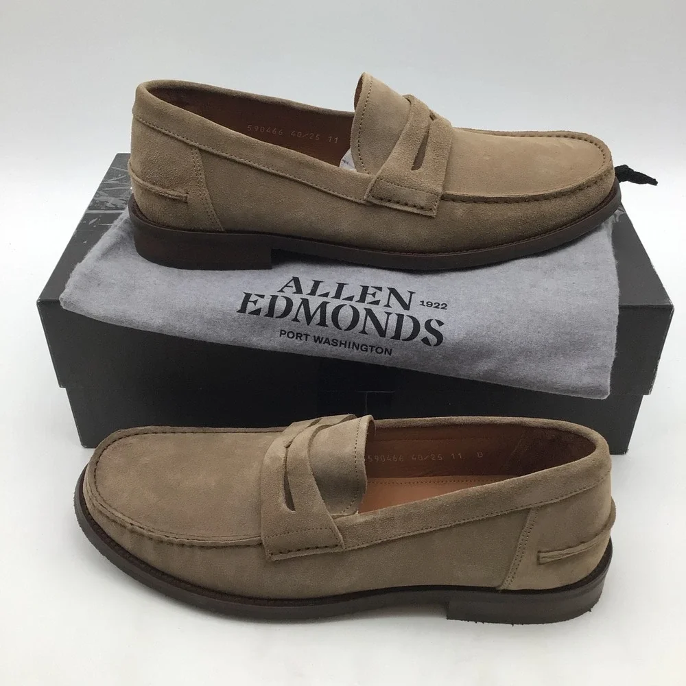 Allen Edmonds Sorrento Tobacco Suede Penny Loafers Mens Size 11 D Italy 9339 NEW